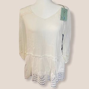 White Bohemian Eyelet Detail Peasant Peplum Blouse